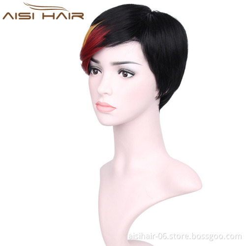 Short Pixie Cut Hair Wig High Temperature Synthetic Straight Wigs with Ombre Red Bangs For Women